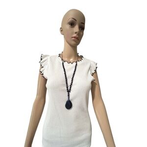 LOFT Womens White Ribbed Flutter Sleeve Lettuce Edge Knit Top Medium White Black